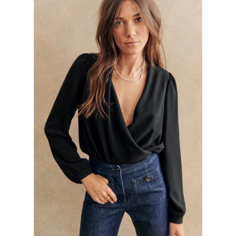 Sezane Abelia Longsleeve V-Neck Wrap Blouse Black Sz 4